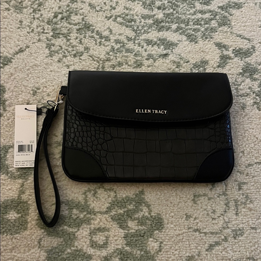 Ellen Tracy Black Croc-Patterned Wristlet